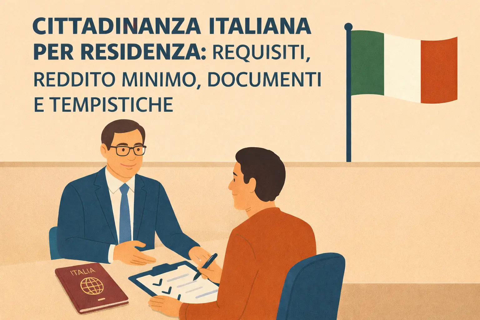Illustrazione della procedura per ottenere la cittadinanza italiana per residenza con requisiti, documenti e reddito minimo
